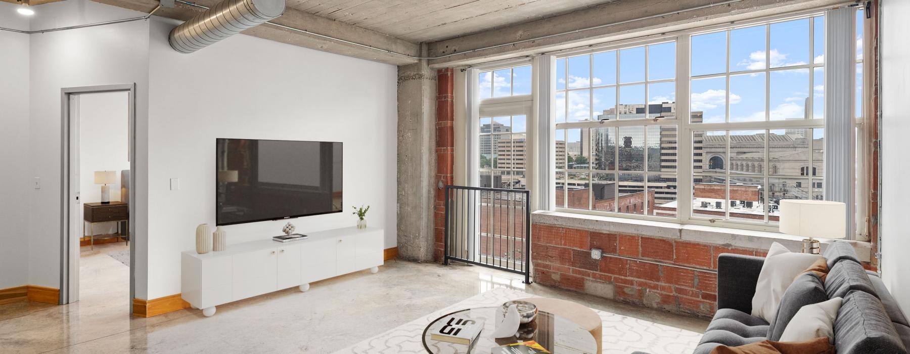 a living room with a large window